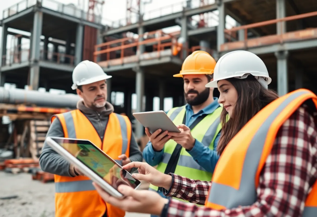 Construction site with management software tools on display