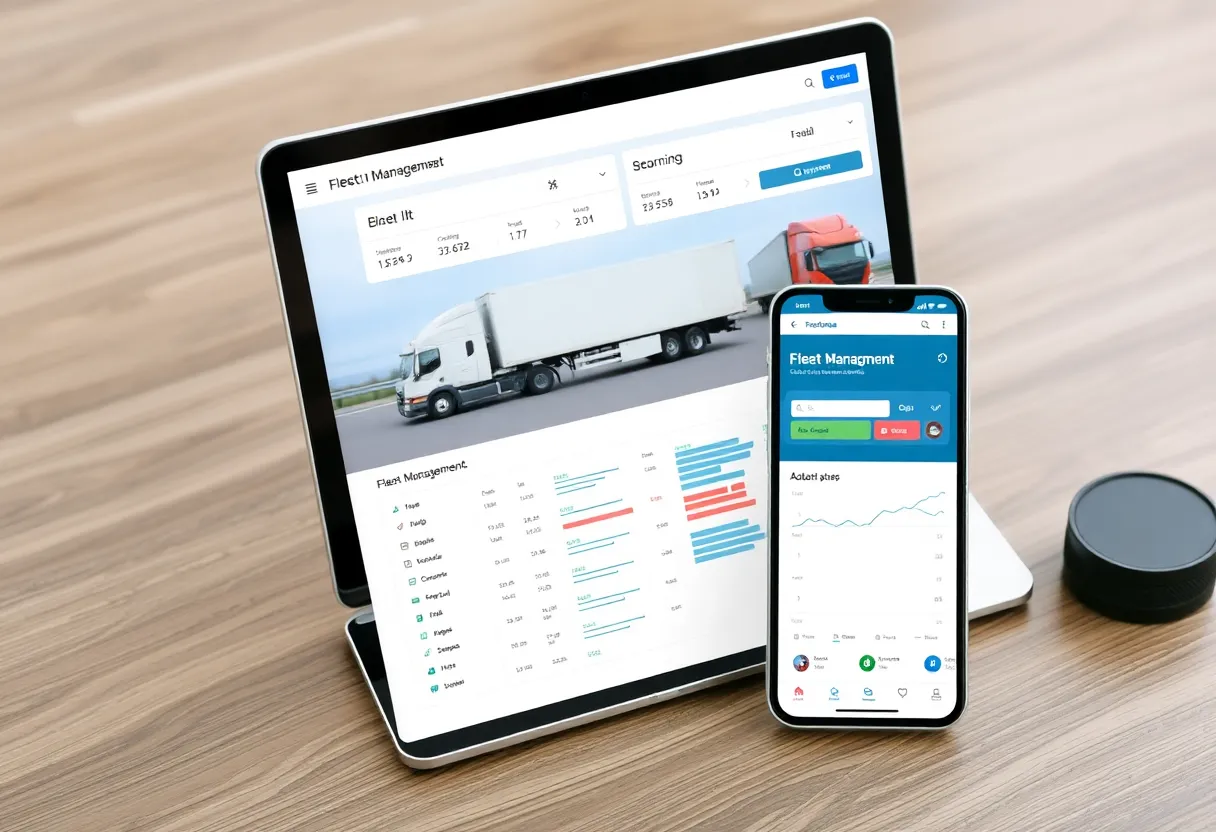 Screenshot of fleet management software interface on laptop and mobile device
