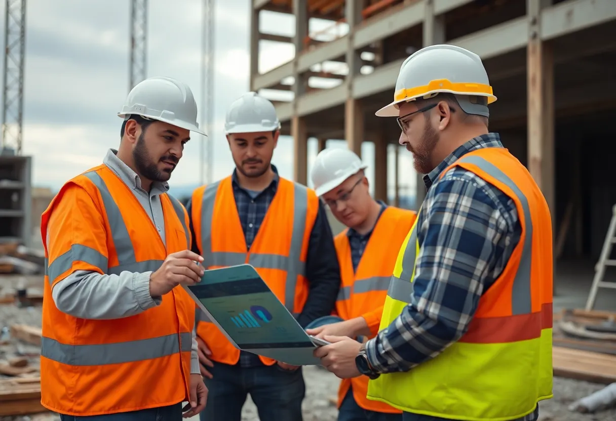 Construction workers using technology on-site in North Bay.