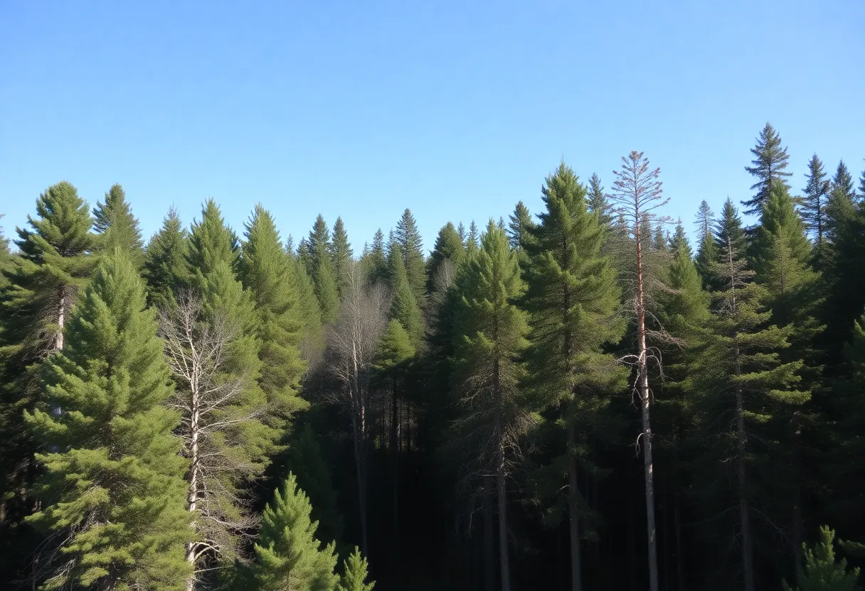 A picturesque forest of softwood trees representing lumber industry