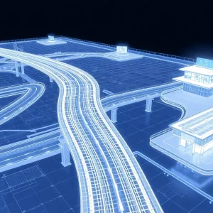 3D BIM models of highway, bridge and transit station with glowing data overlays
