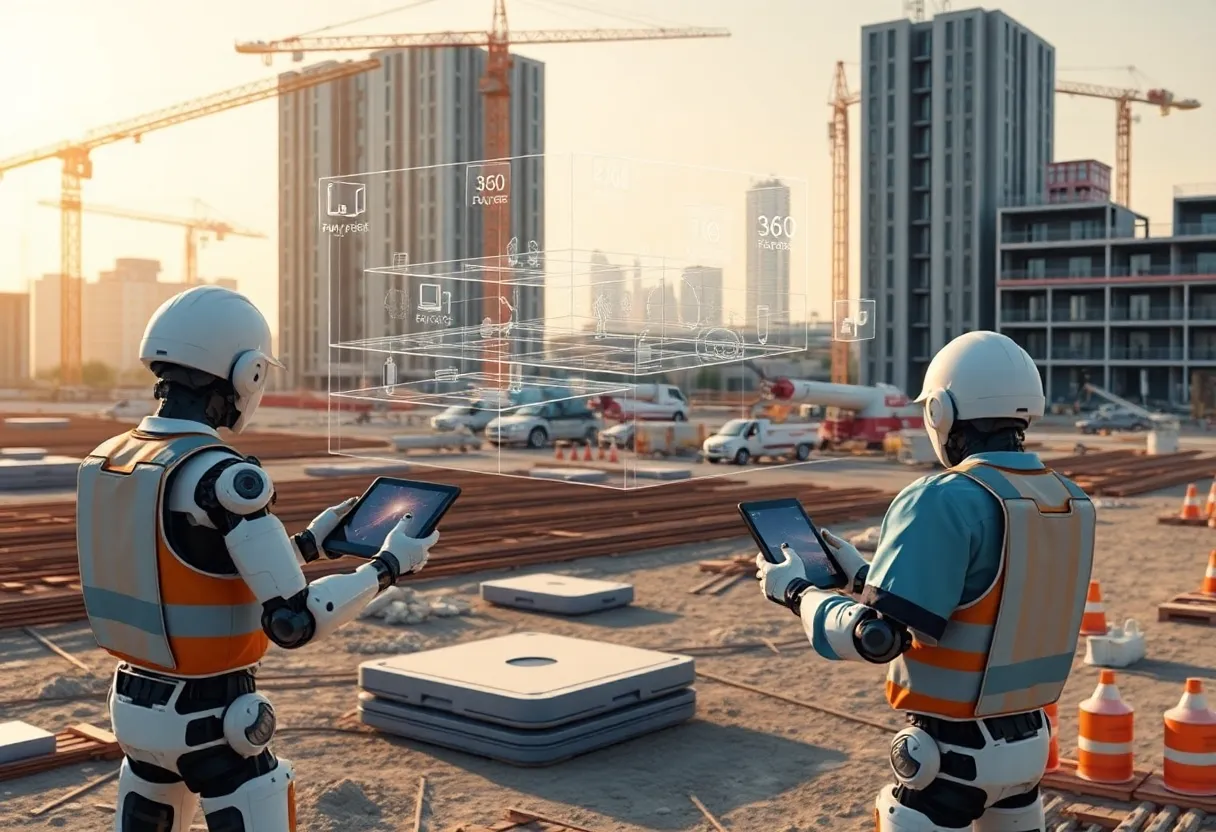 Construction site with robots, drones, workers using tablets and a holographic 4D digital twin overlay