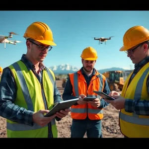 Construction crew using tablets and connected machinery with lab samples and legal documents hinted in background