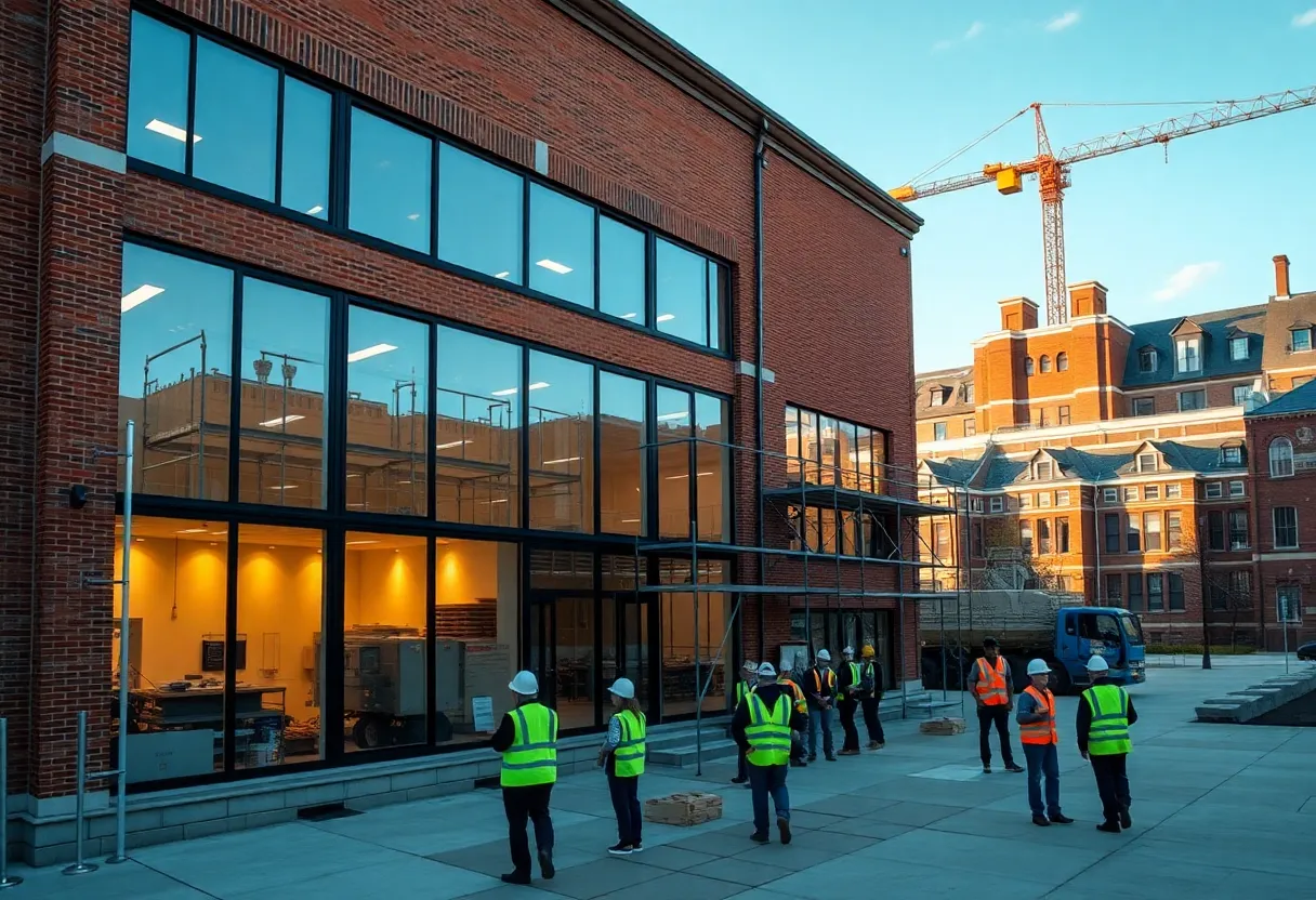 Kemper Hall addition housing the new construction training center with high-bay lab and scaffolding