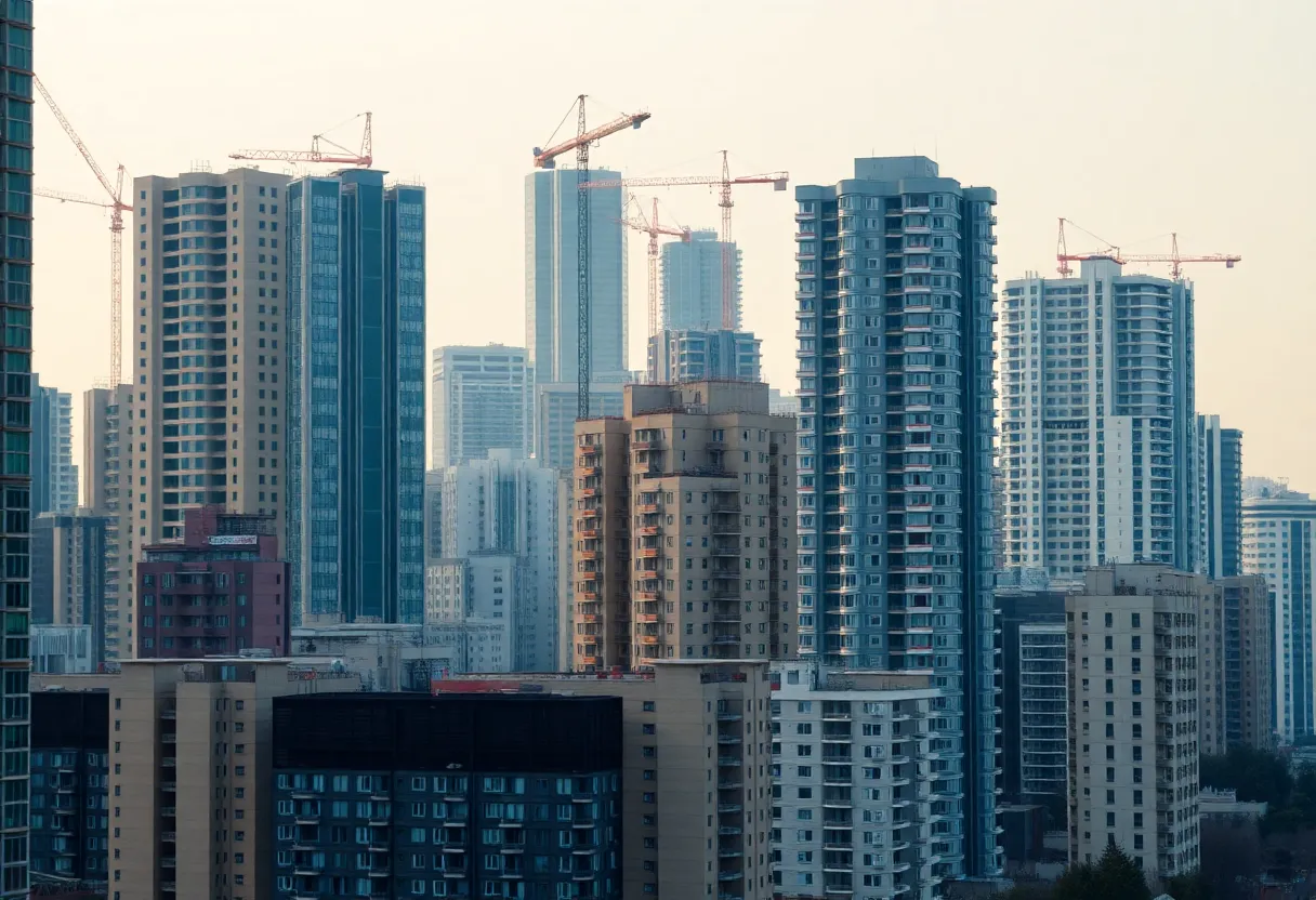 City skyline with apartment buildings, construction cranes and for-rent signs representing a shifting rental market
