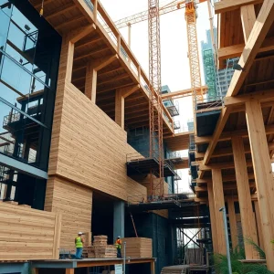 Mid-rise building under construction using cross-laminated timber panels and glulam beams