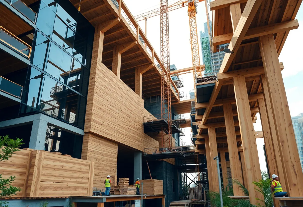 Mid-rise building under construction using cross-laminated timber panels and glulam beams