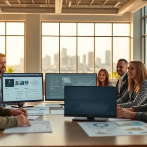 Diverse team collaborating in a modern Austin office with screens showing service directory and construction blueprints