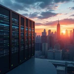 Illustration of a data center and city skyline highlighting electricity usage