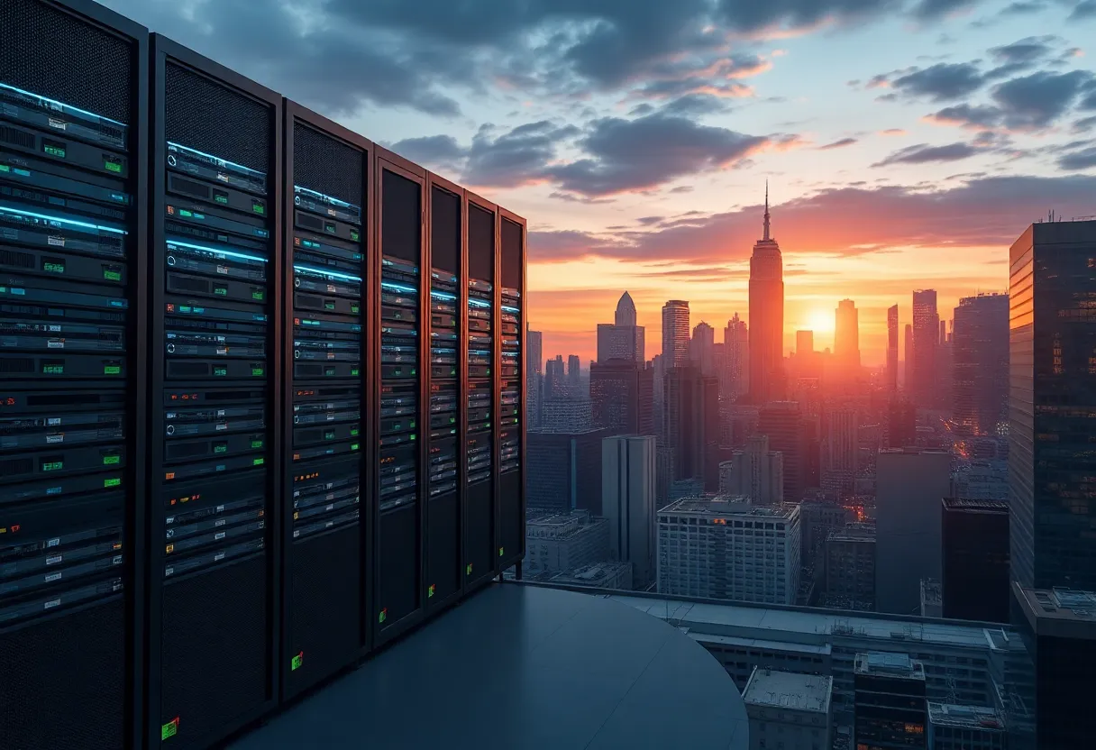 Illustration of a data center and city skyline highlighting electricity usage