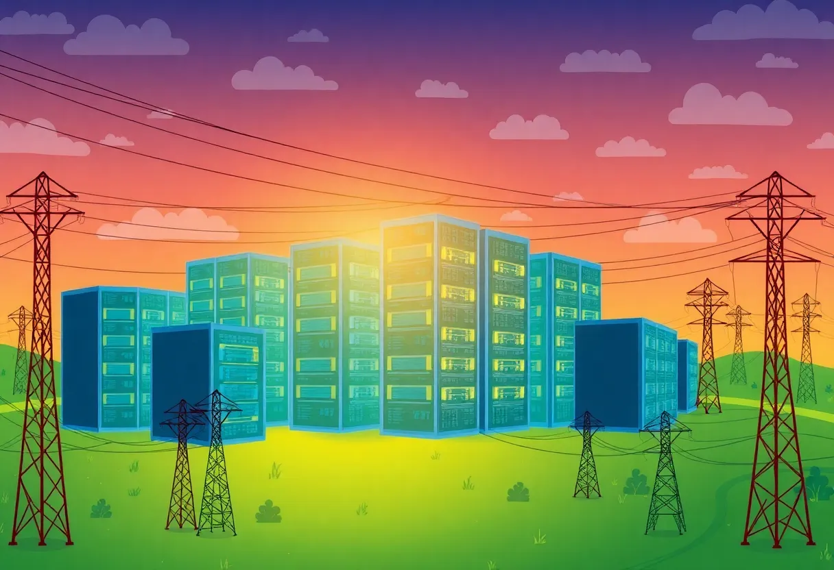Illustration depicting data centers and power grids in Michigan.