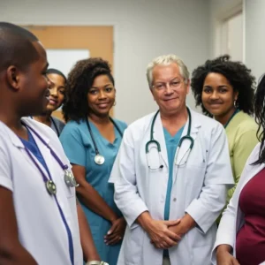 Individuals from diverse backgrounds discussing healthcare in a community setting.