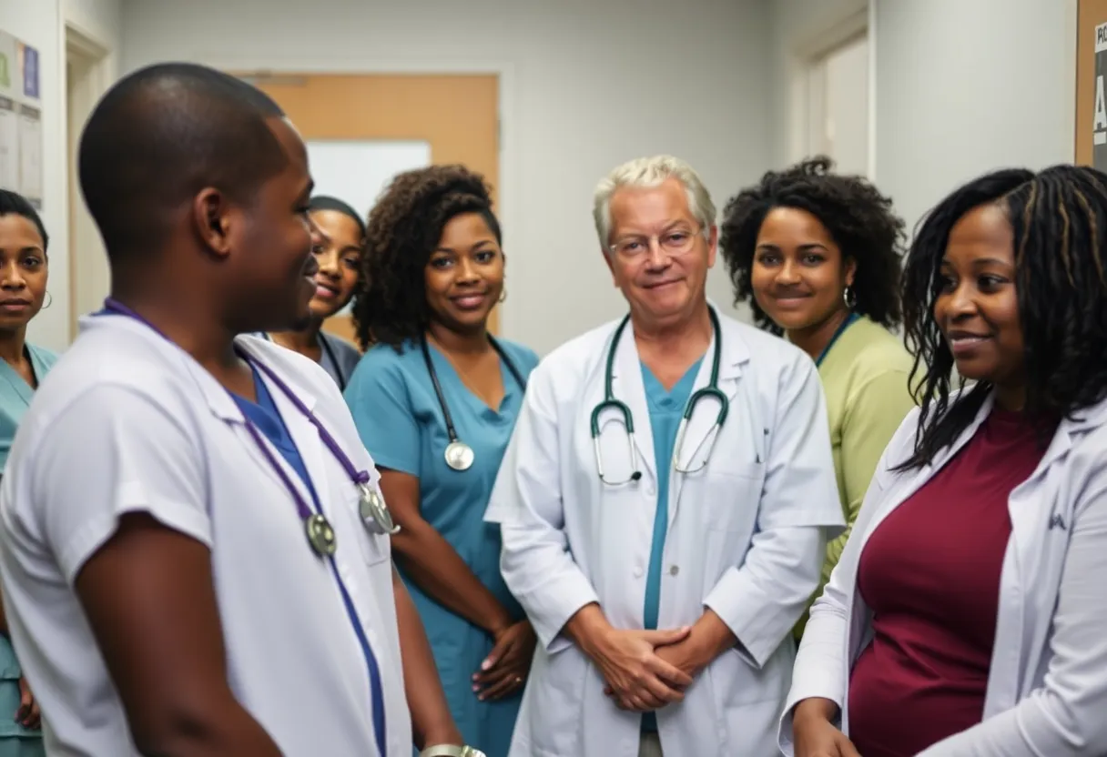 Individuals from diverse backgrounds discussing healthcare in a community setting.