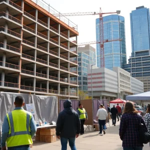 Completed construction site in Lansing with community event occurring