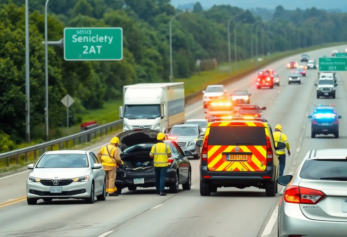 Emergency responders at a multi-vehicle crash site on M-553