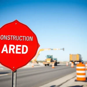 Sign indicating construction on Meridian Road with traffic cones