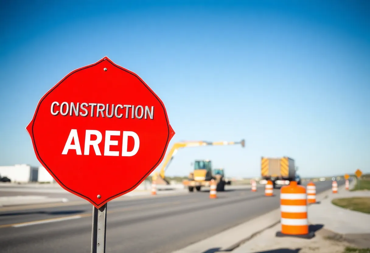 Sign indicating construction on Meridian Road with traffic cones