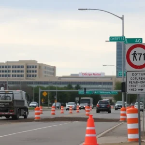 Construction work on Michigan Avenue with hospital in view
