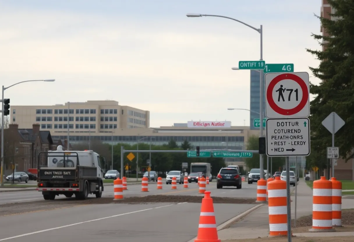 Construction work on Michigan Avenue with hospital in view