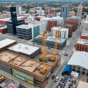 Aerial view of Michigan construction sites with an expungement fair happening nearby.