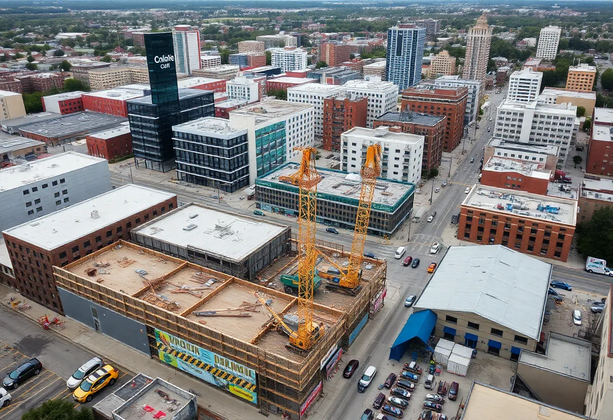 Aerial view of Michigan construction sites with an expungement fair happening nearby.