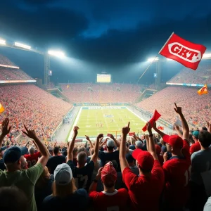 Fans cheering in a stadium during the Michigan Michigan State football rivalry game
