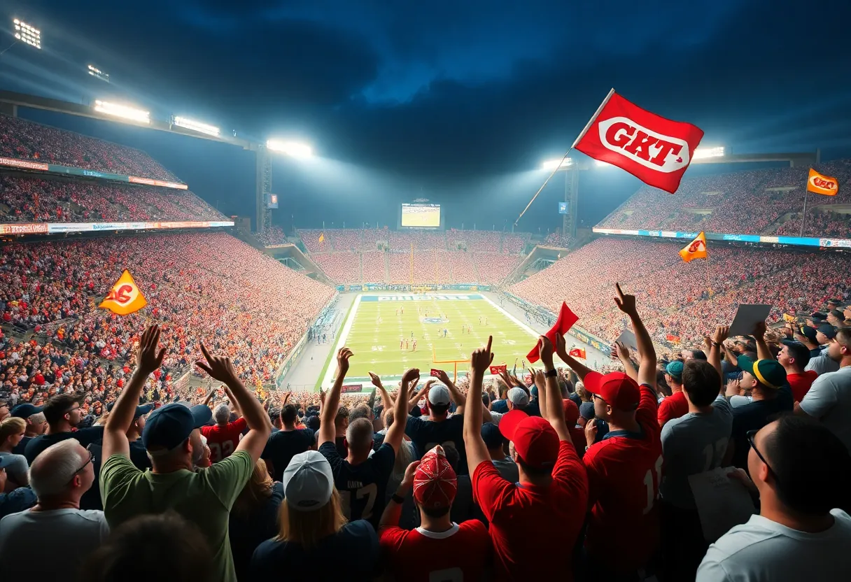 Fans cheering in a stadium during the Michigan Michigan State football rivalry game
