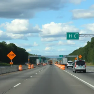 Work being done on a Michigan highway with construction signs and barriers.