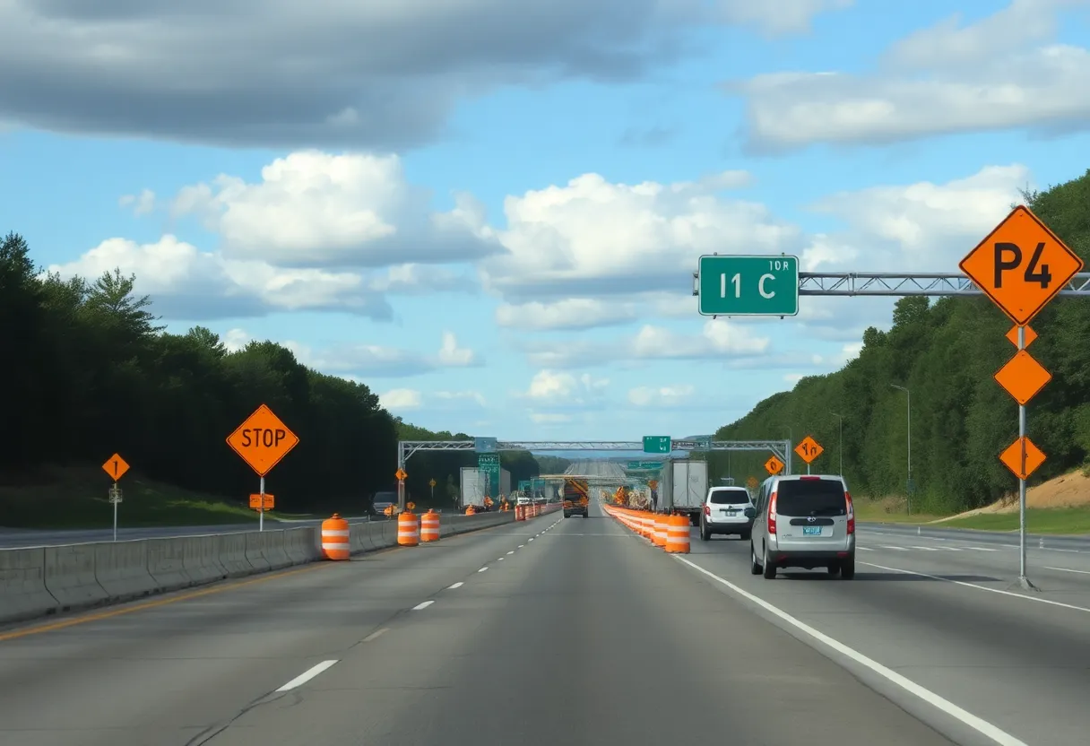 Work being done on a Michigan highway with construction signs and barriers.