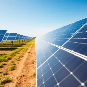Solar panels in a Michigan solar farm under a clear sky