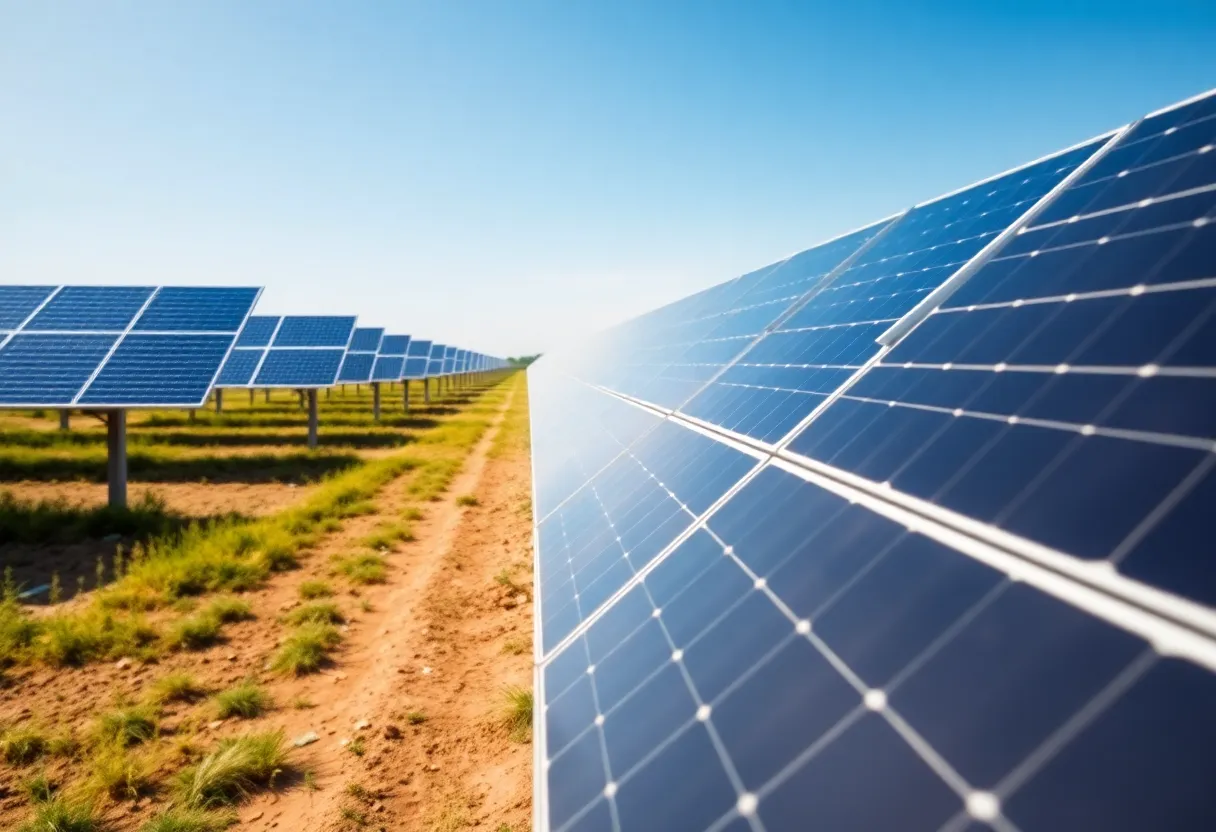 Solar panels in a Michigan solar farm under a clear sky