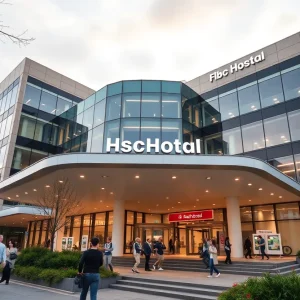 State-of-the-art hospital with patients and staff