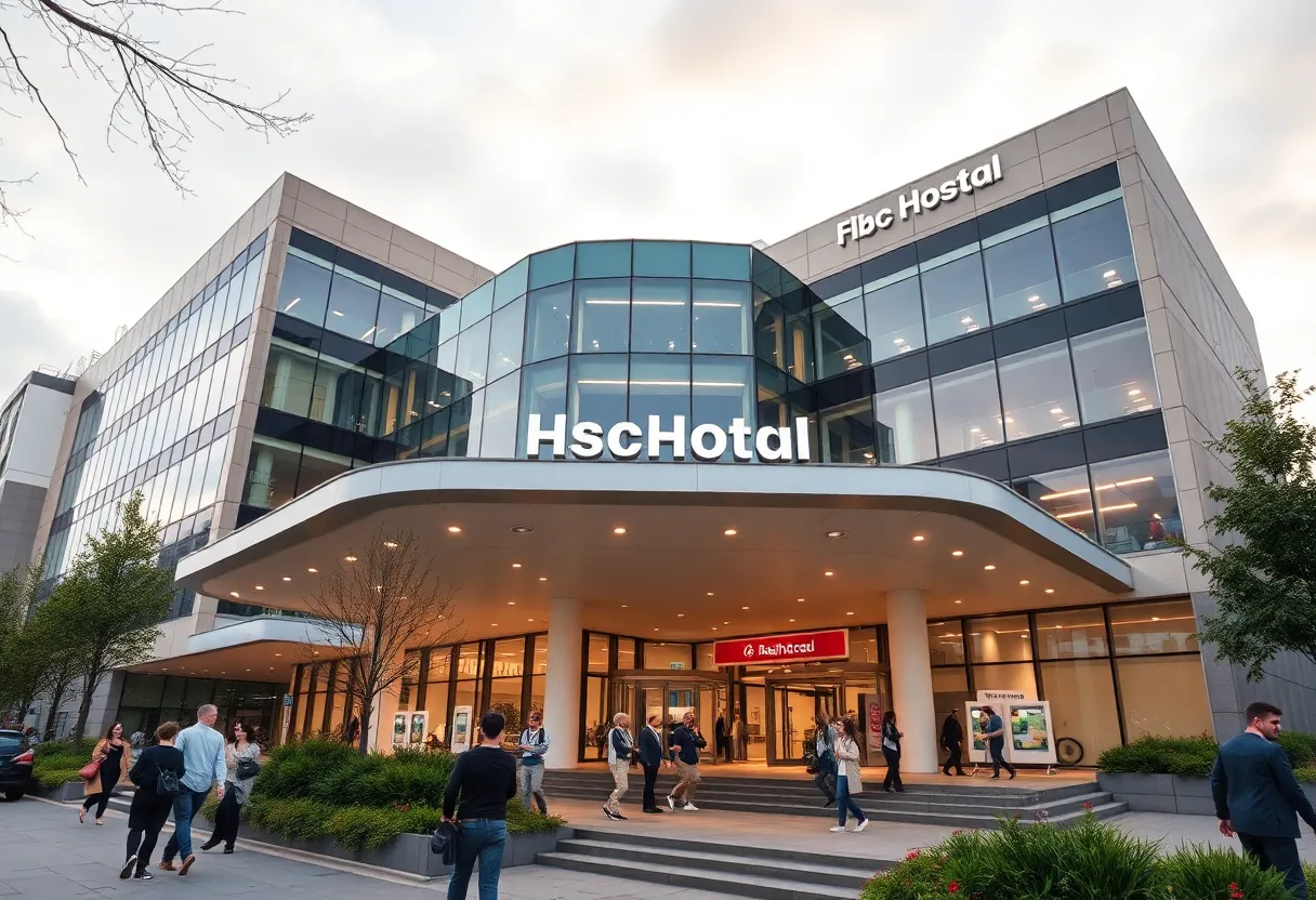 State-of-the-art hospital with patients and staff