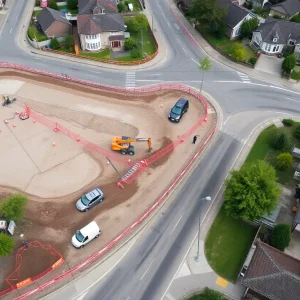 Aerial view of the Motorsports Gateway construction site in Howell, Michigan near residential zones.