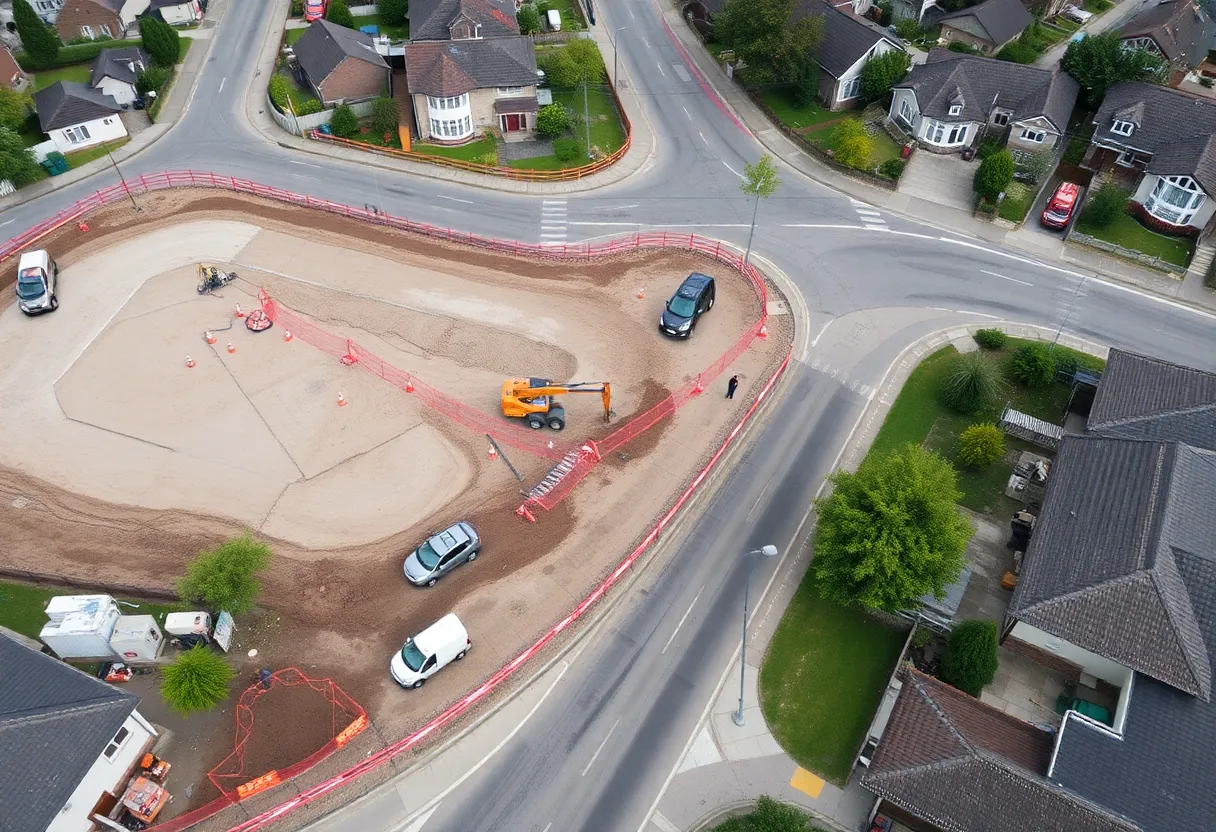 Aerial view of the Motorsports Gateway construction site in Howell, Michigan near residential zones.