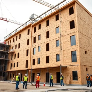 Four-story mass-timber residence hall under construction with exposed CLT panels and construction equipment on a university campus