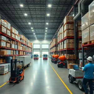 Interior of a large PHCP distribution warehouse with pallets of plumbing and HVAC supplies, forklifts and delivery trucks