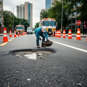 Workers repairing a road in Genesee County