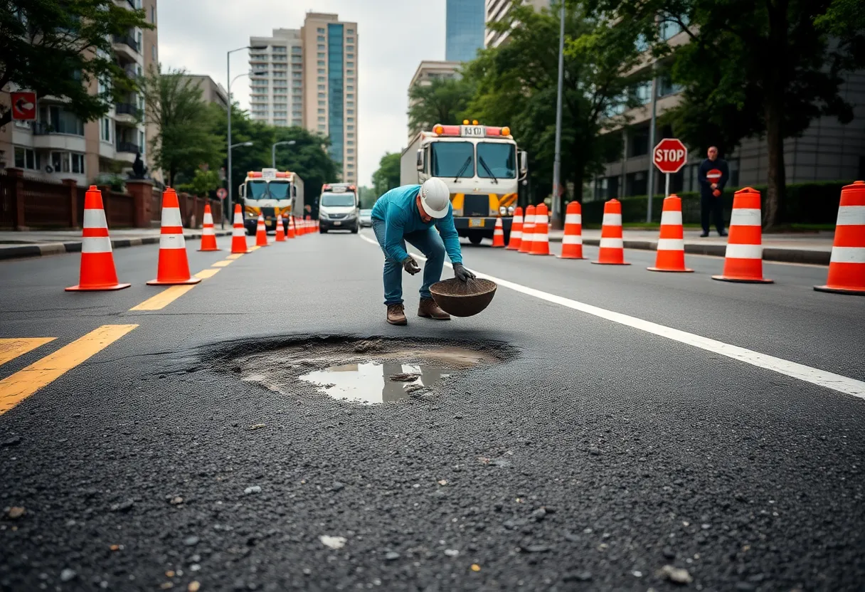 Workers repairing a road in Genesee County