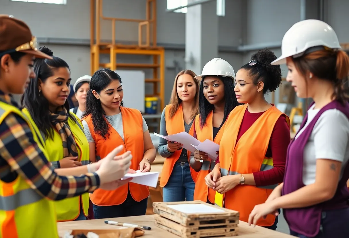 Women engaging in construction workshops at Northern Michigan University.